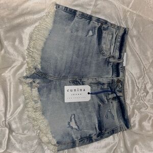 eunina Light Blue Frayed Denim Shorts
